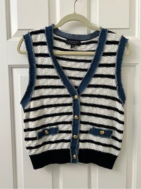 Laundry By Shelli Segal Black White Striped Knit Vest with Blue Trim